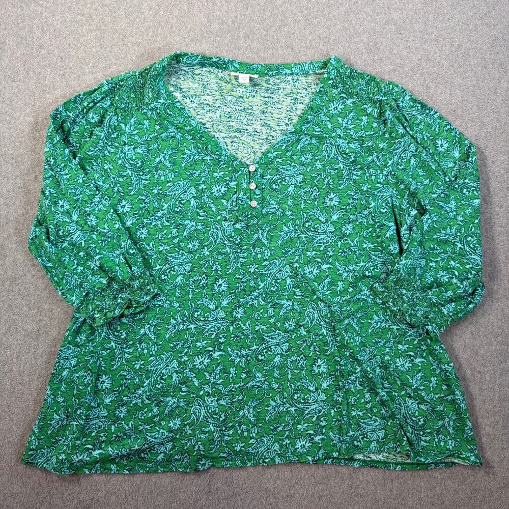J.Jill Women's 2X Green Floral V-Neck Blouse Top Smocked Shoulder 3/4 Sleeve